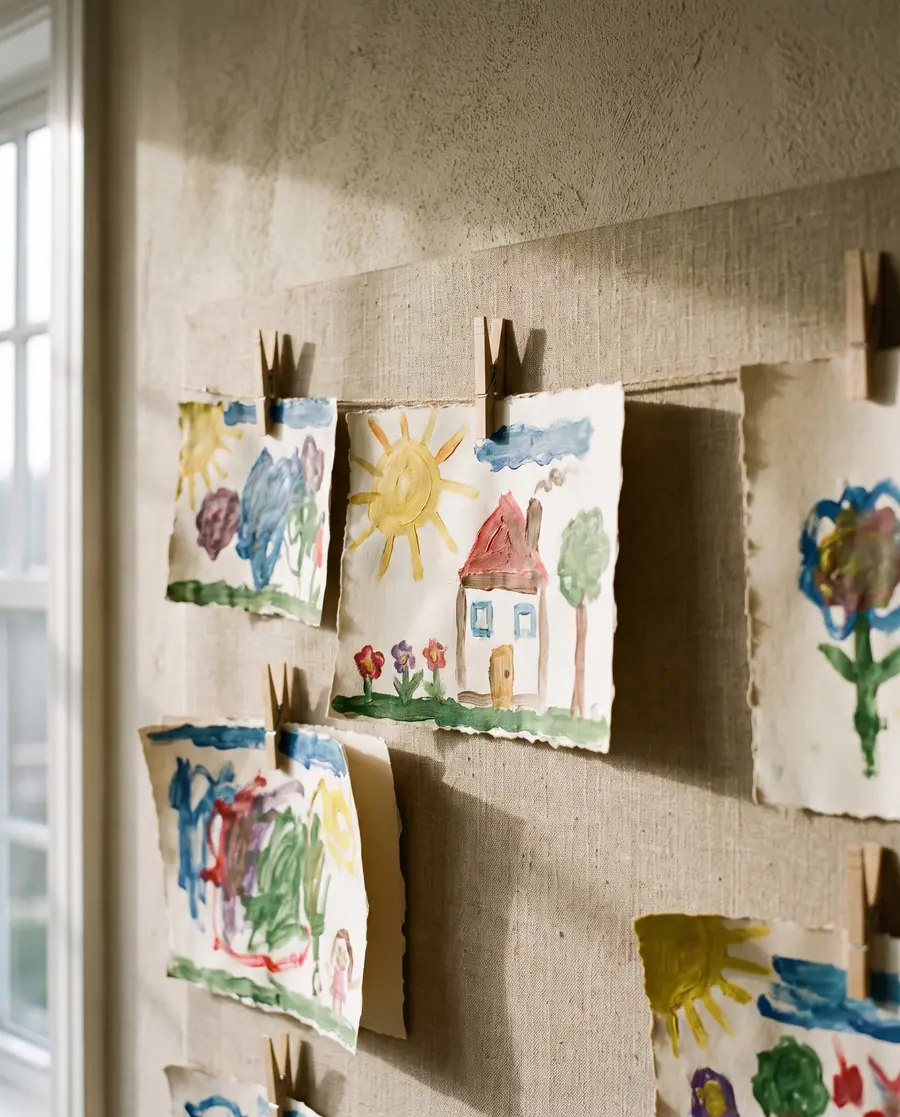 A wall of children’s paintings pinned with wooden clips onto a natural linen board