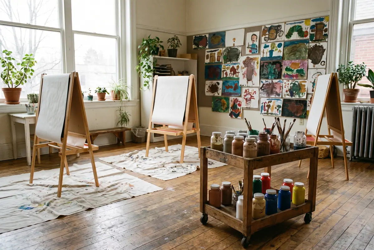 The atelier: easels with paper, jars of tempera on a wooden trolley, a wall of children’s paintings and a large north-facing window
