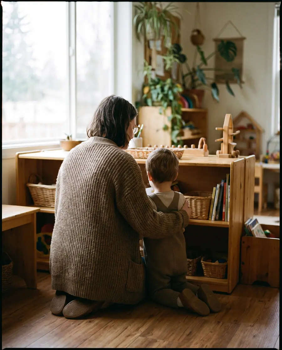 An educator kneeling at a child’s height beside a low wooden shelf, both seen from behind in soft daylight