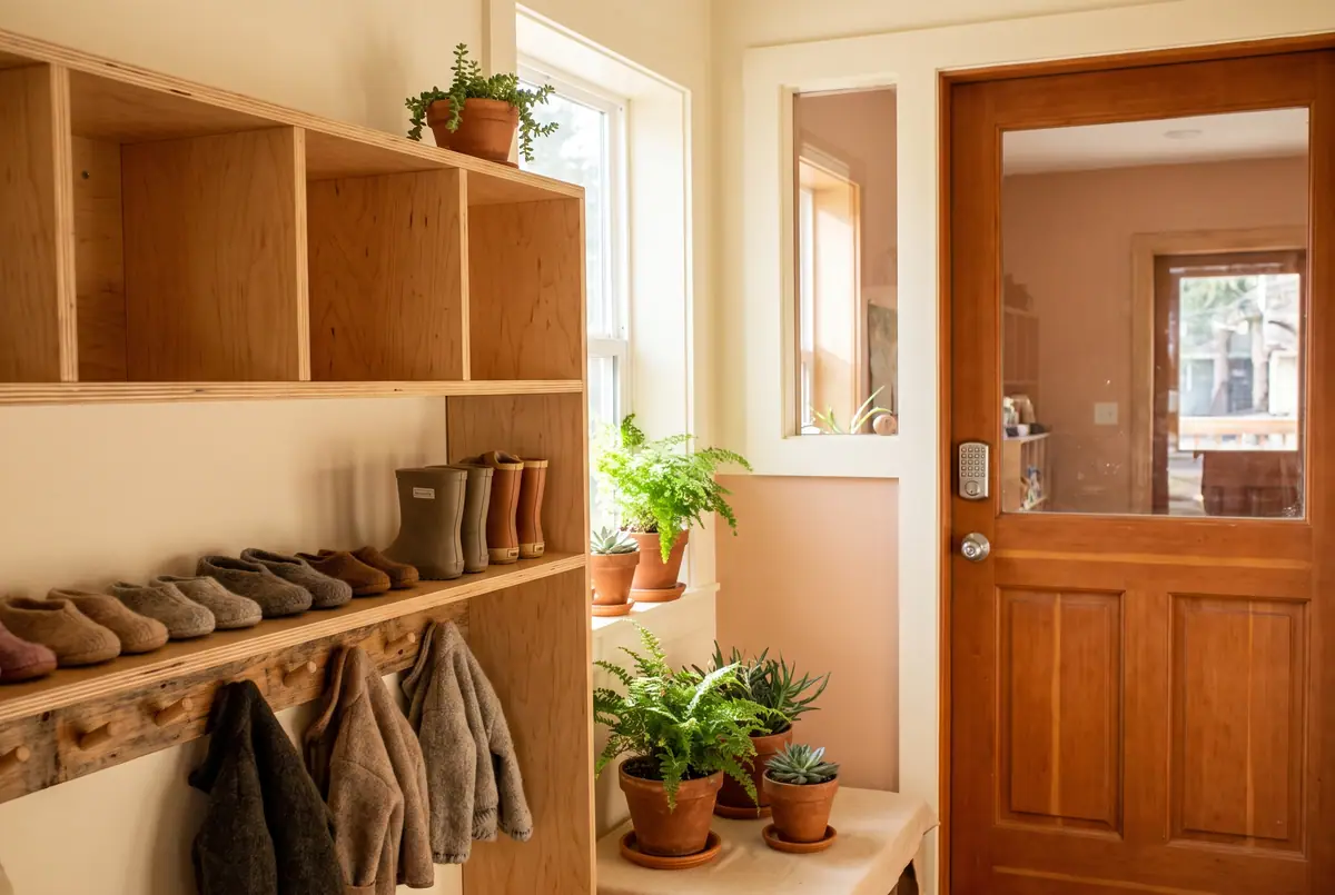 The entry vestibule: plywood cubbies with small rain boots, coat pegs at child height and a wooden door with a glass panel