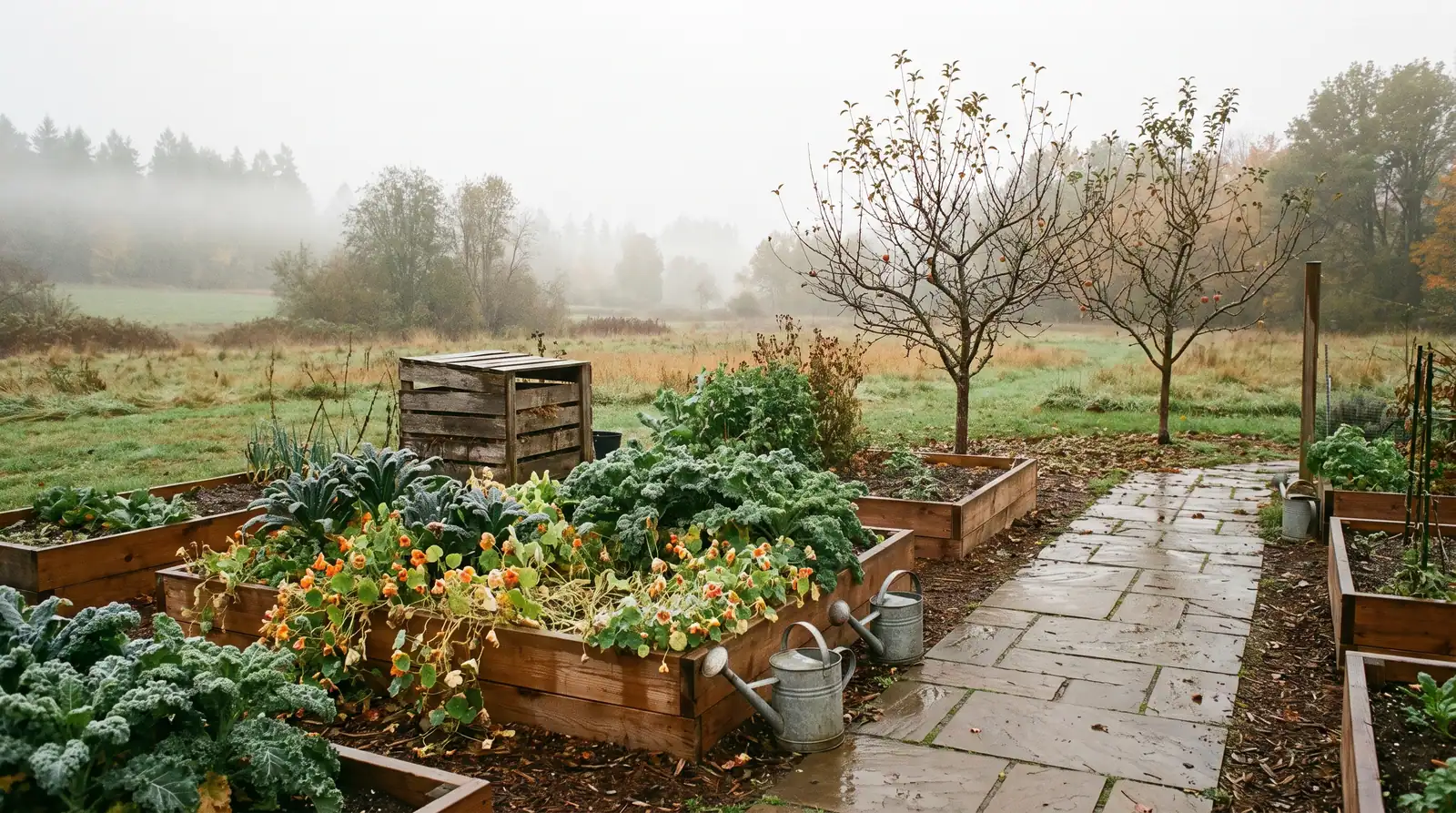 The kitchen garden in autumn: raised cedar beds with kale and nasturtiums, watering cans, a compost bin and two young apple trees in low fog