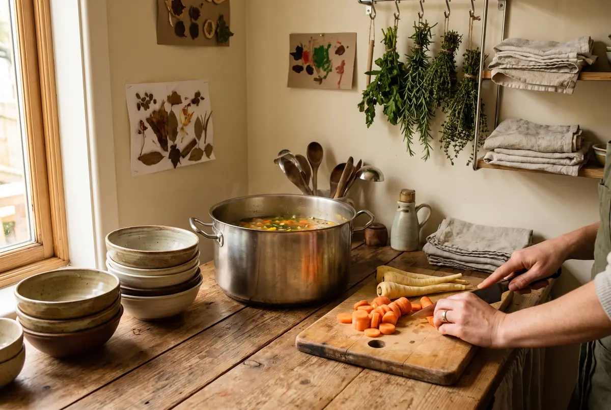The preschool kitchen: a wooden counter with chopped root vegetables, a pot of soup, stacked ceramic bowls and bunches of herbs in warm side light