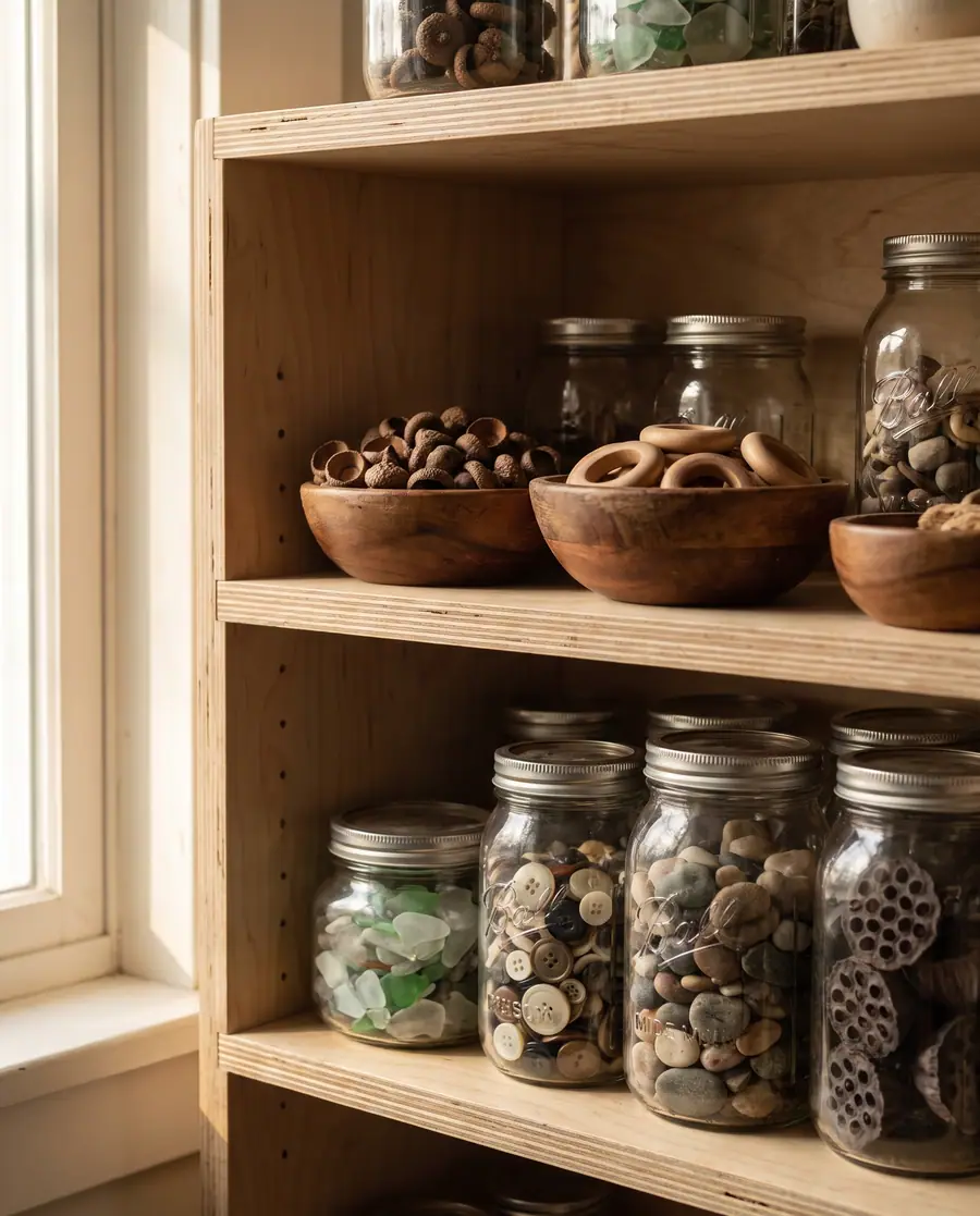 An open plywood shelf holding glass jars and wooden bowls of natural loose parts: acorn caps, wooden rings, sea glass, pebbles and dried seed pods