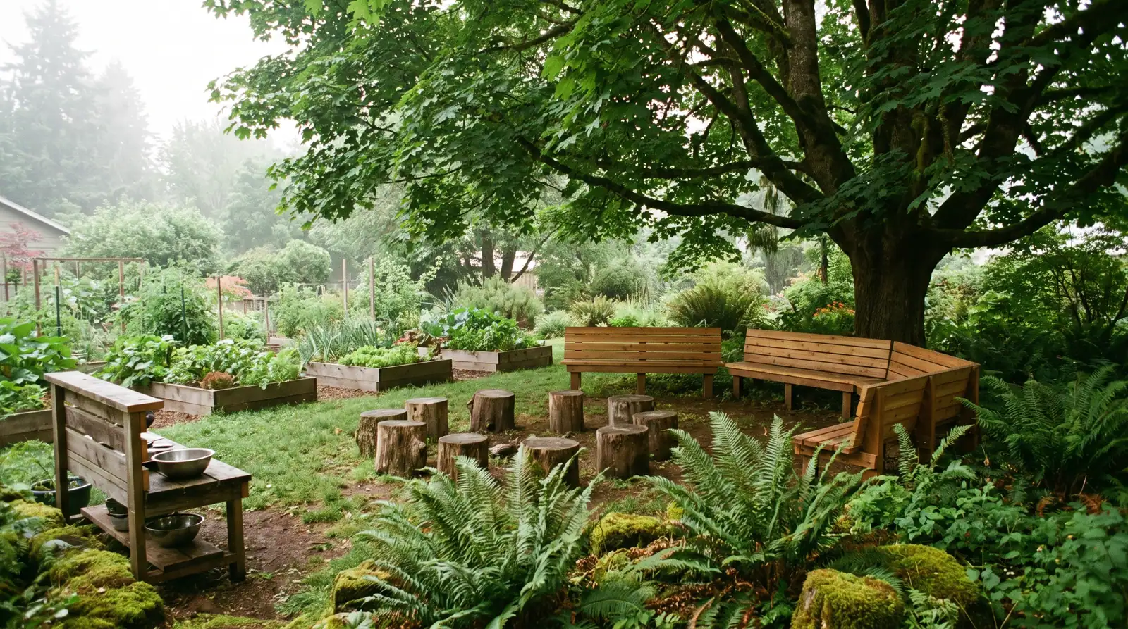 The outdoor classroom in wet weather: cedar benches under a big-leaf maple, raised beds, a mud kitchen and tree stumps in a circle