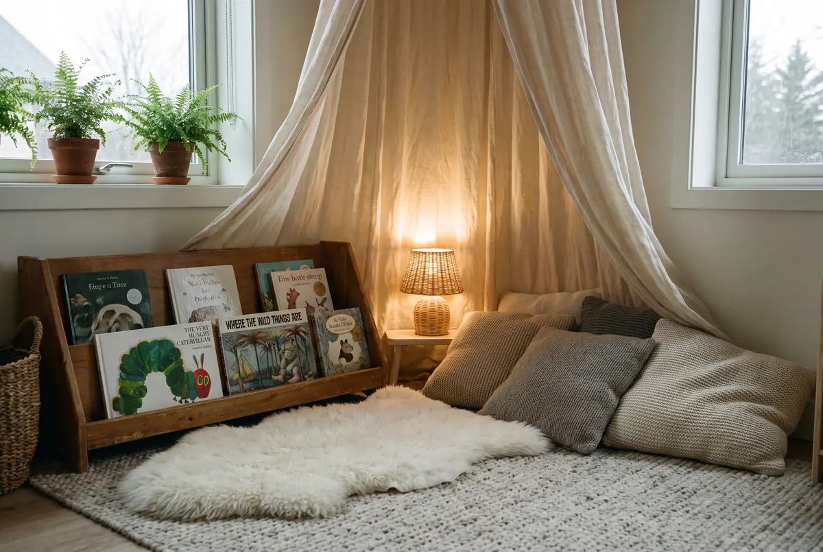 The reading nook: a low bookshelf with picture books faced out, a sheepskin and cushions on a wool rug under a linen canopy
