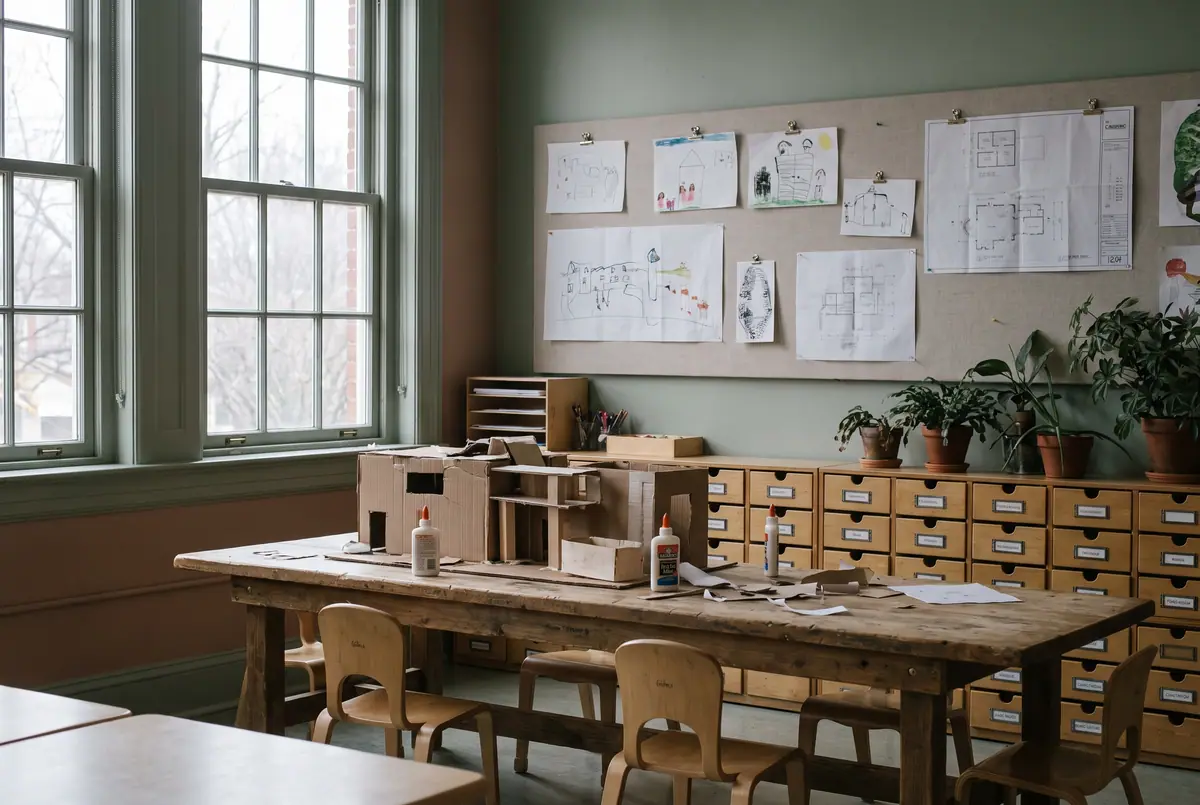 The pre-K room: a long project table with an unfinished cardboard and wood construction, drawings pinned above and a wall of small labelled drawers