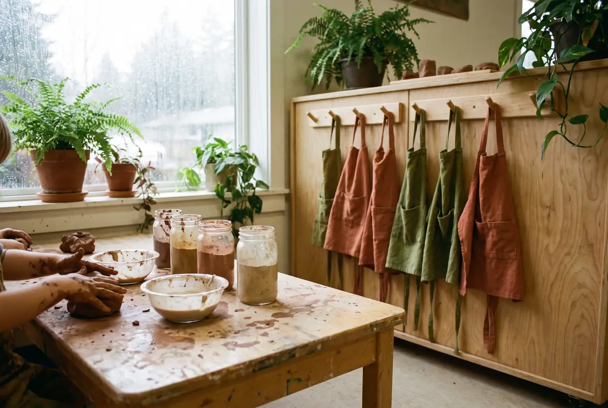 The twos room: a low wooden table with clay and slip, small hands pressing clay, jars of natural pigment and aprons on wooden pegs